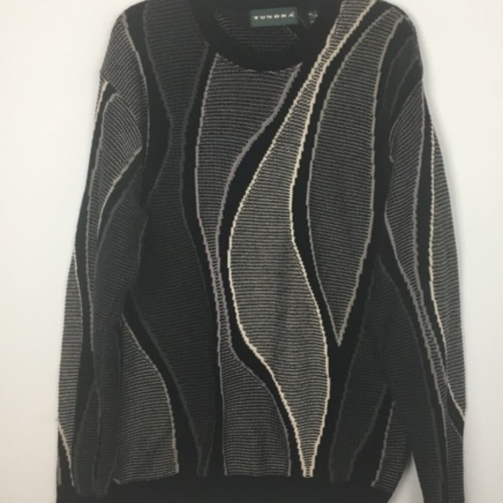 Tundra Canada Sweater Mens Sz Medium Gray Abstract Wavy Coogi Crew💗💗💗💗💗💗💗